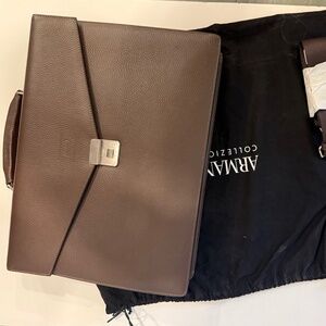 New Armani Collezione Genuine Designer Brown Leather Briefcase